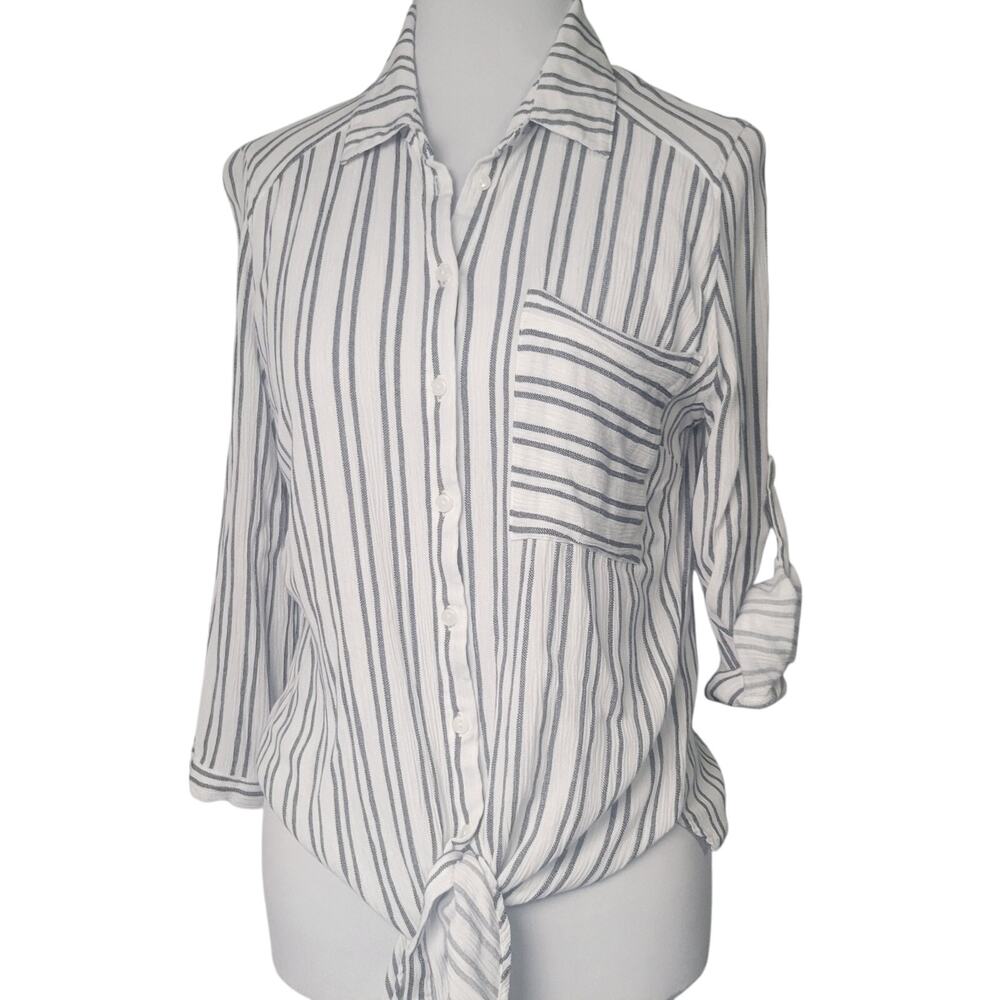 VIXBE Striped Crepe Tab-sleeve Tie‎ Blouse Top SMALL